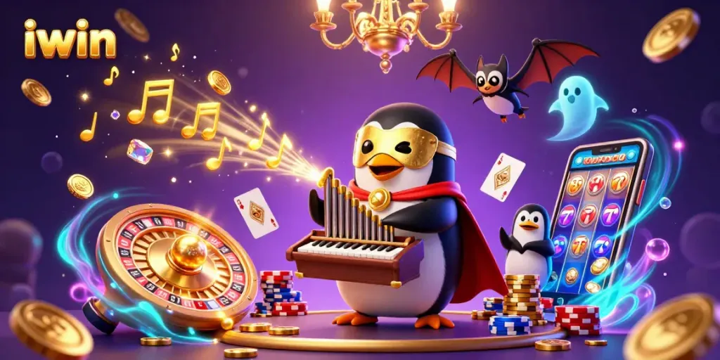 iwin features a cartoon penguin in a golden mask amid cascading coins and roulette action.