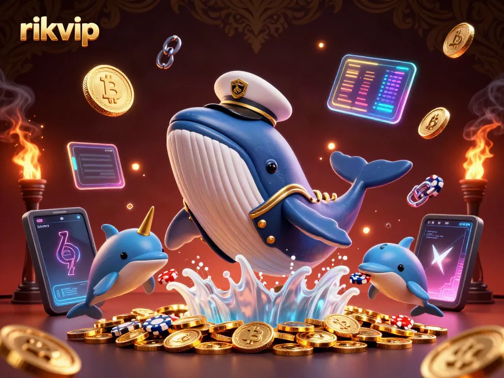 Experience the thrill of rikvip with a vibrant 3D scene featuring a whale and playful dolphins amidst coins and crypto elements.