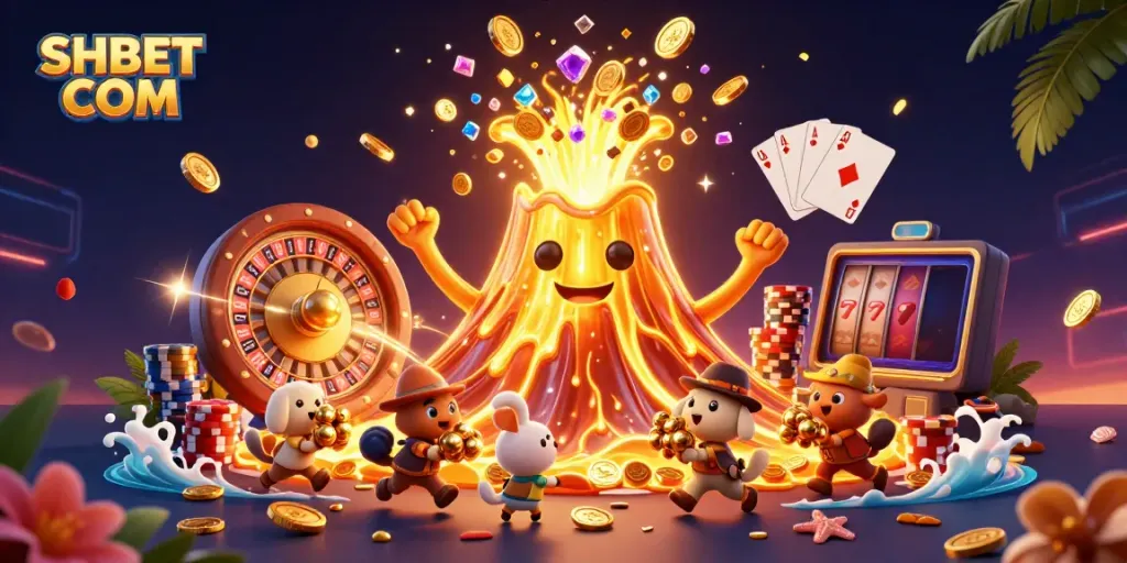 Experience thrilling gameplay at SHBET COM with a golden volcano erupting treasures.