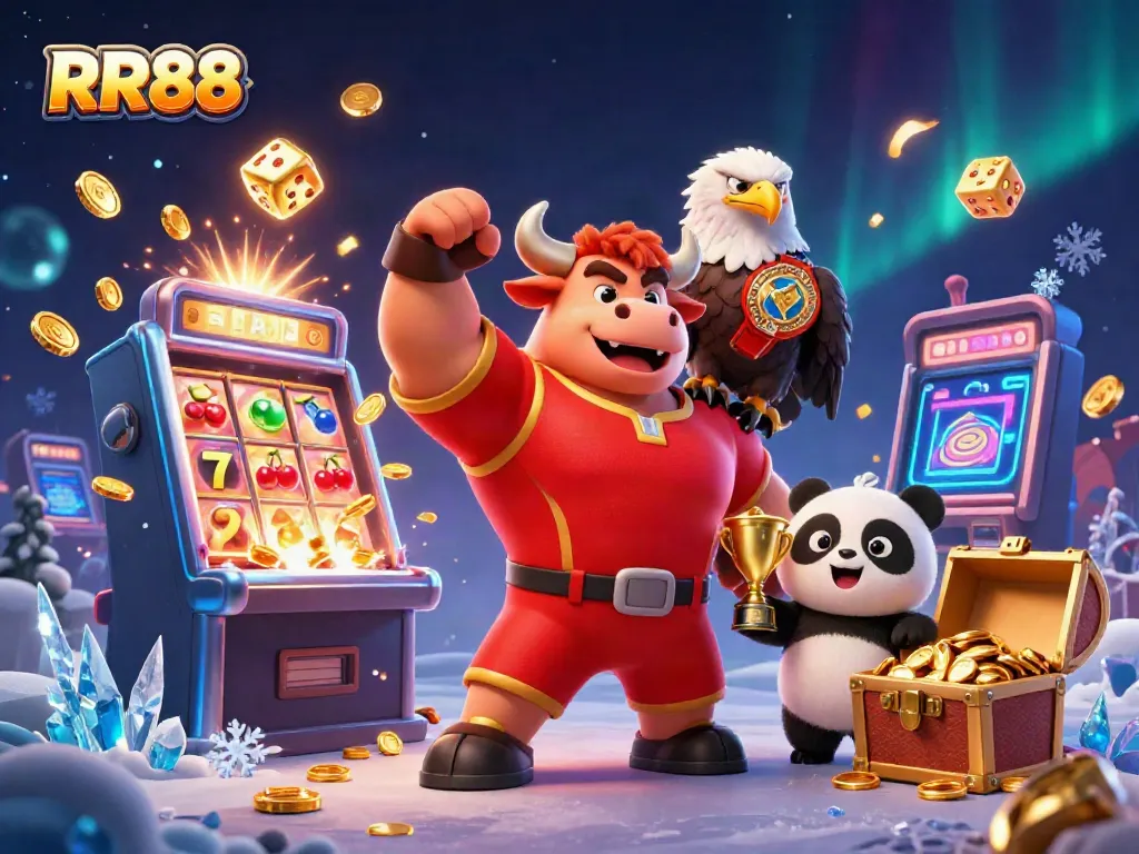 RR88 features an energetic scene with characters celebrating casino wins amidst jackpot elements and vibrant graphics.