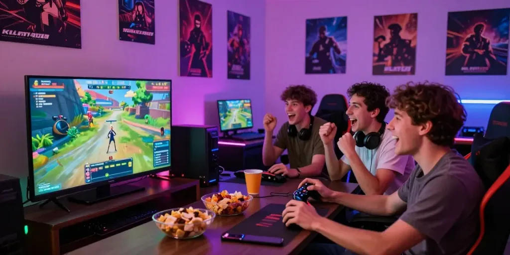 Exciting gaming scene representing KILAT404 with friends enjoying multiplayer gaming