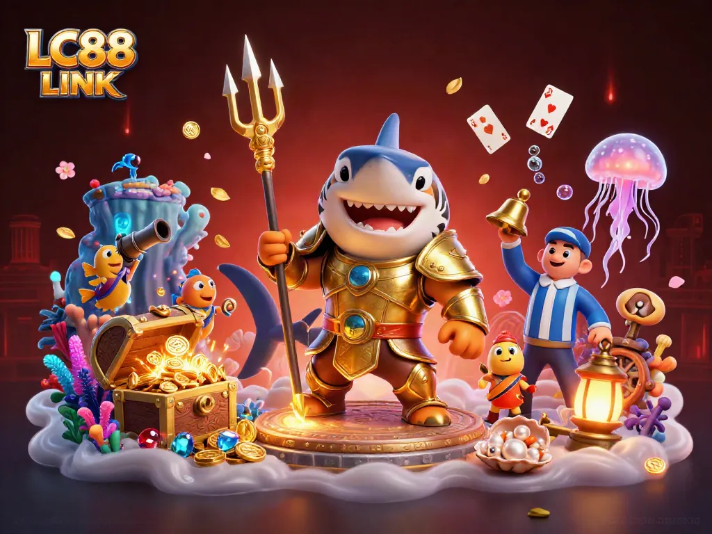 Engage with LC88 LINK in a thrilling underwater casino scene featuring a victorious tiger shark.