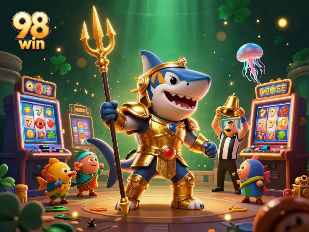 Engage with 98 win in this dynamic casino scene featuring a tiger shark and slot machines.