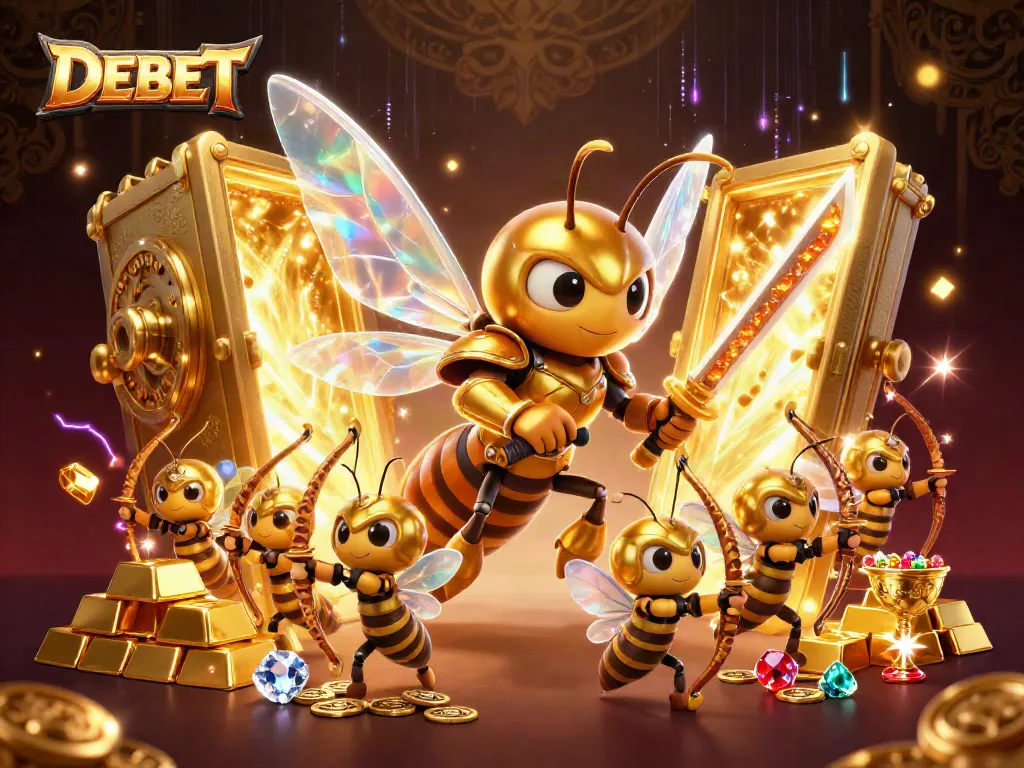 Engage with DEBET in an animated casino adventure featuring vibrant treasures and dynamic characters.